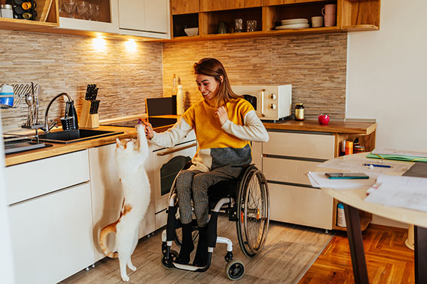 a woman at home in a wheelchair playing with a cat